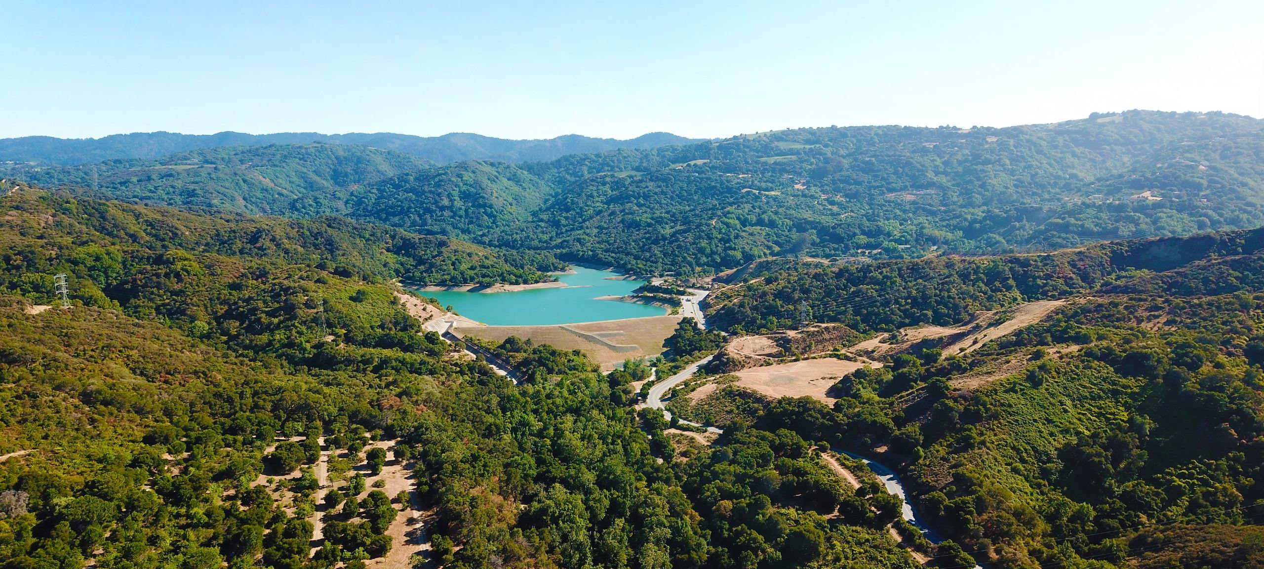 Aerial view of Stevens Creek County Park forest in Cupertino, CA